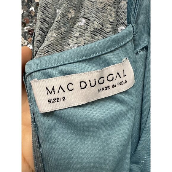 MAC DUGGAL Size 2 Slate Blue HIGH NECK SHORT SLEEVE SEQUIN EMBELLISHED DRESS - Picture 9 of 10